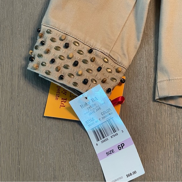 New Ruby Rd. Petite khaki zip up short jacket with stone embellishments -size 6P - Picture 6 of 12